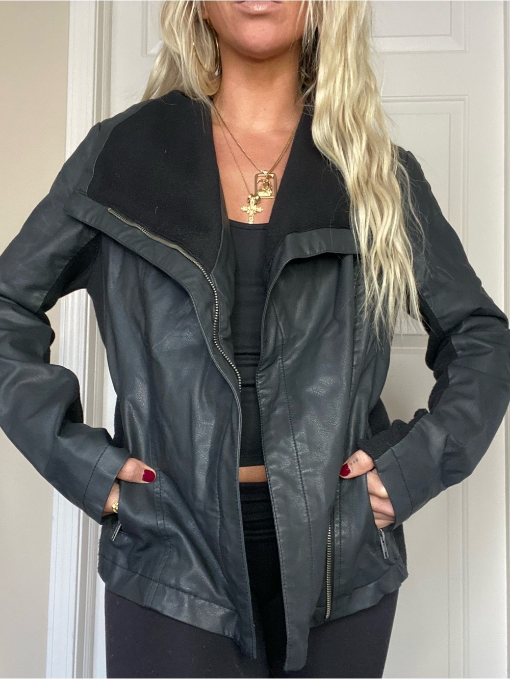 Slimming Black Leather-Blend Jacket with stretchy trim